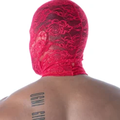 TOF Paris Accessoires Sexy-Cagoule Bouche Ouverte en Dentelle Fluide Rouge