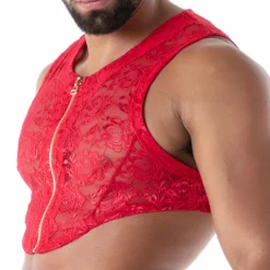 TOF Paris Tenues Sexy-Crop Top Zippé en Dentelle Fluide Rouge