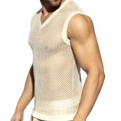 ES Collection Débardeurs-Débardeur Col V Crochet Beige