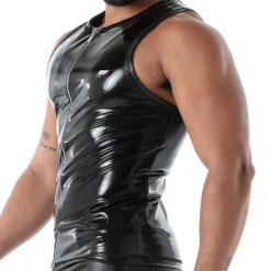 TOF Paris Tenues Sexy|Débardeurs-Débardeur Zippé en Latex Seconde Peau Noir