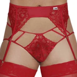 CandyMan Tenues Sexy|Jockstraps-Ensemble Jarretière - Jock Strap Dentelle Rouge