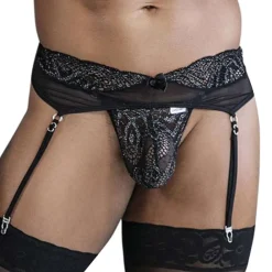 CandyMan Tenues Sexy|Strings-Ensemble String - Porte-Jarretelle en Dentelle Noir