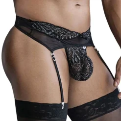 CandyMan Tenues Sexy|Strings-Ensemble String - Porte-Jarretelle en Dentelle Noir