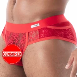 TOF Paris Slips Sexy-Slip à Poches en Dentelle Fluide Rouge