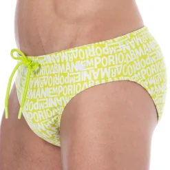 Emporio Armani Slips De Bain-Slip de Bain All Over Logo Citron Vert