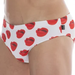 Barcode Slips De Bain-Slip de Bain Kiss Blanc - Rouge