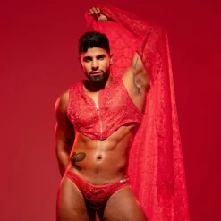 TOF Paris Slips Sexy-Slip Mini en Dentelle Fluide Rouge