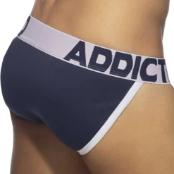 Addicted Slips Tanga|Slips-Slip Tanga Open Fly Coton Bleu Marine - Blanc