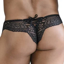 CandyMan Strings-String en Résille et Dentelle Lace-Up Noir