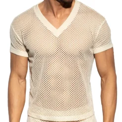 ES Collection T-Shirts-T-Shirt Col V Crochet Beige